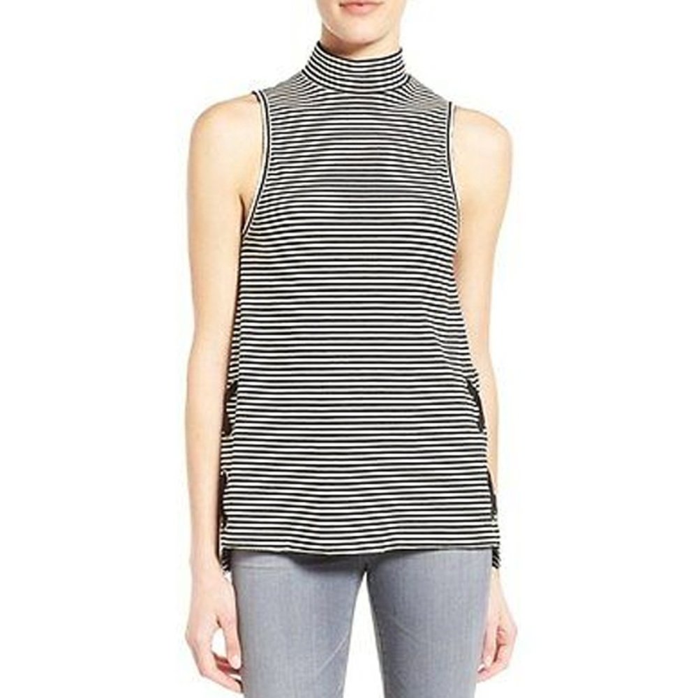 Willow & Clay Sleeveless Top | Striped Mock Neck